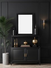 minimalist Glossy Black composition of creative living room interior with elegant cupboard
