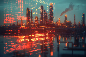 Fototapeta premium Night view of atmospheric distillation facility with digital overlay