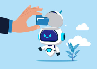 Hand put new folder in open robot head. Savings, Open Bank Deposit. World economic vision for business, technology or investment. Artificial intelligence. Vector illustration