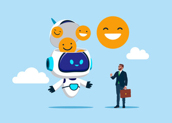 Open robot head to see smiling face symbol. Employee happiness, job satisfaction, company benefit, positive attitude. Flat vector illustration.
