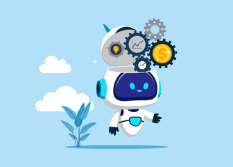 Open robot head to see gear cogs to spin time. Effort and time to make money, success long term investment, deadline effect. AI assistant support. Modern flat vector illustration