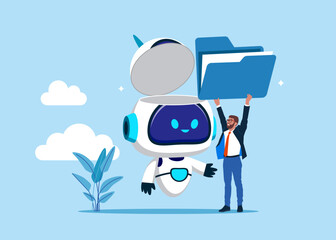 Businessman put new folder in open robot head. Savings, Collecting Money in Account, Open Bank Deposit. World economic vision for business, technology or investment. Artificial intelligence. 