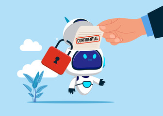 Open robot head to see confidential document. Locked with padlock technology. AI assistant support. Modern flat vector illustration
