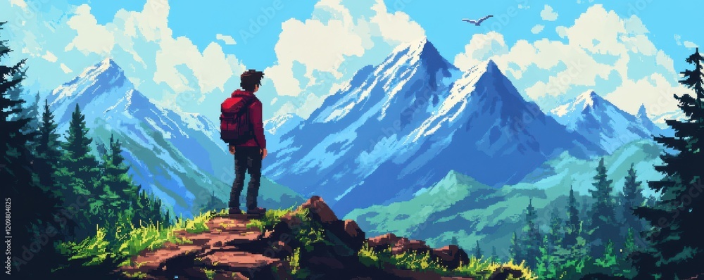 Poster a pixel art representation of a pixelated hiker exploring a pixelated mountain trail, surrounded by 