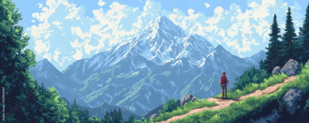 Wall mural A pixel art representation of a pixelated hiker exploring a pixelated mountain trail, surrounded by pixelated nature's beauty and serenity.