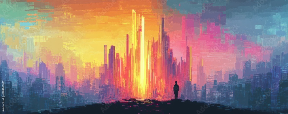 Poster a pixel art representation of a pixelated painter's brushstrokes on a canvas, bringing pixelated col