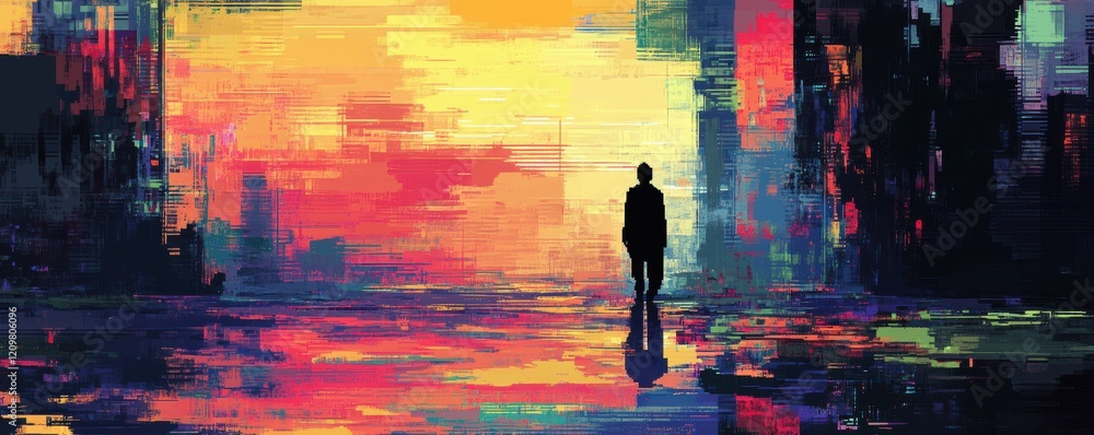 Poster a pixel art representation of a pixelated painter's brushstrokes on a canvas, bringing pixelated col