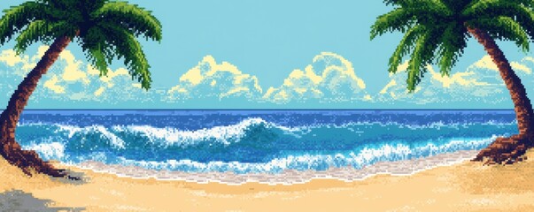 A pixel art representation of a serene beach scene, with pixelated waves, sand, and palm trees.
