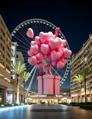 A large pink gift box is floating in the air, filled with numerous pink heart-shaped balloons . The background features modern buildings on either side, with palm trees and a large Ferris wheel