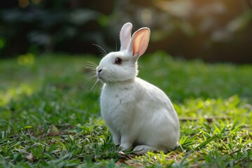 Lovely white rabbit sitting on green grass in nature