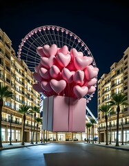 A large pink gift box is floating in the air, filled with numerous pink heart-shaped balloons . The background features modern buildings on either side, with palm trees and a large Ferris wheel