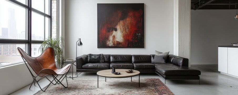 Stylish loft, minimalist interior design of modern living room featuring dark leather sectional sofa, large abstract painting and round coffee table, leather butterfly chair and a soft rug