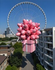 A large pink gift box is floating in the air, filled with numerous pink heart-shaped balloons . The background features modern buildings on either side, with palm trees and a large Ferris wheel