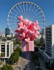 A large pink gift box is floating in the air, filled with numerous pink heart-shaped balloons . The background features modern buildings on either side, with palm trees and a large Ferris wheel