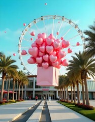 A large pink gift box is floating in the air, filled with numerous pink heart-shaped balloons . The background features modern buildings on either side, with palm trees and a large Ferris wheel