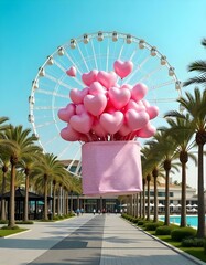 A large pink gift box is floating in the air, filled with numerous pink heart-shaped balloons . The background features modern buildings on either side, with palm trees and a large Ferris wheel