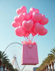 A large pink gift box is floating in the air, filled with numerous pink heart-shaped balloons . The background features modern buildings on either side, with palm trees and a large Ferris wheel
