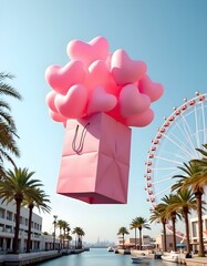 A large pink gift box is floating in the air, filled with numerous pink heart-shaped balloons . The background features modern buildings on either side, with palm trees and a large Ferris wheel