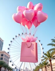 A large pink gift box is floating in the air, filled with numerous pink heart-shaped balloons . The background features modern buildings on either side, with palm trees and a large Ferris wheel