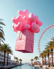 A large pink gift box is floating in the air, filled with numerous pink heart-shaped balloons . The background features modern buildings on either side, with palm trees and a large Ferris wheel