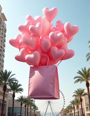 A large pink gift box is floating in the air, filled with numerous pink heart-shaped balloons . The background features modern buildings on either side, with palm trees and a large Ferris wheel