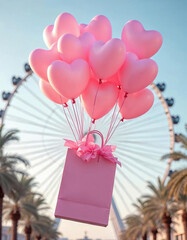 A large pink gift box is floating in the air, filled with numerous pink heart-shaped balloons . The background features modern buildings on either side, with palm trees and a large Ferris wheel