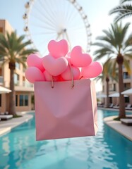 A large pink gift box is floating in the air, filled with numerous pink heart-shaped balloons . The background features modern buildings on either side, with palm trees and a large Ferris wheel