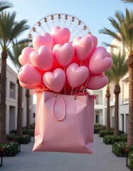 A large pink gift box is floating in the air, filled with numerous pink heart-shaped balloons . The background features modern buildings on either side, with palm trees and a large Ferris wheel