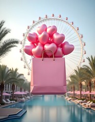 A large pink gift box is floating in the air, filled with numerous pink heart-shaped balloons . The background features modern buildings on either side, with palm trees and a large Ferris wheel