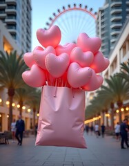 A large pink gift box is floating in the air, filled with numerous pink heart-shaped balloons . The background features modern buildings on either side, with palm trees and a large Ferris wheel