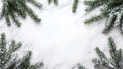 Obraz premium Snow Dusted Pine Branches Frame White Marble Background