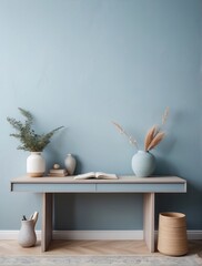 Creative composition of living room interior with copy space, Pale Blue-Gray desk, stylish vase