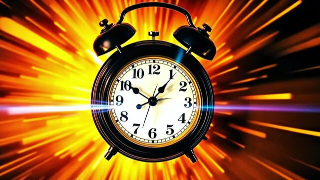 An antique clock glowing with vibrant light in front of an explosive, smooth 4K video loop