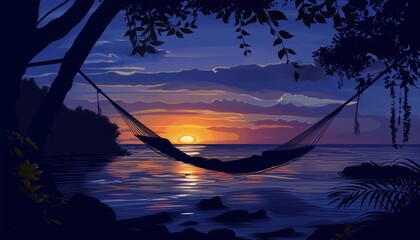 A person relaxing in a hammock on a beach at sunset, with the silhouette of trees and a bright orange sun setting over the ocean.