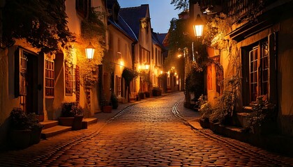 Fototapeta premium cobblestone street in a European village, lit by warm lanterns