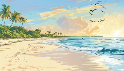 A picturesque beach scene with clear blue water, white sand, palm trees, and a vibrant sunrise in the sky.