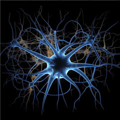 Big blue neuron with dendrites and axons some of orange color, glowing, black background