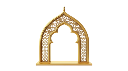 3D render of a golden ornate Islamic arch, mosque window, intricate patterns, Arabic architecture on transparent background