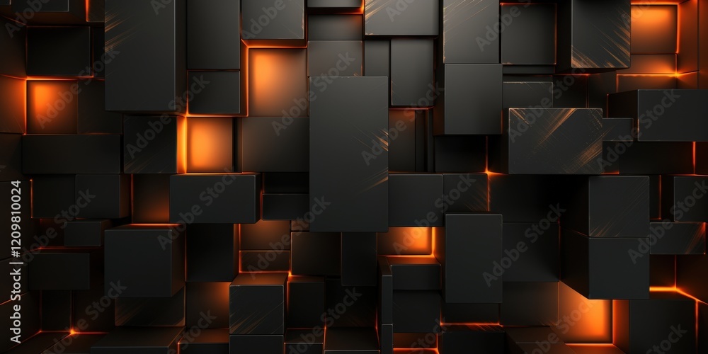 Poster abstract black iron wall design with illuminated squares in dynamic patterns for modern interior aes