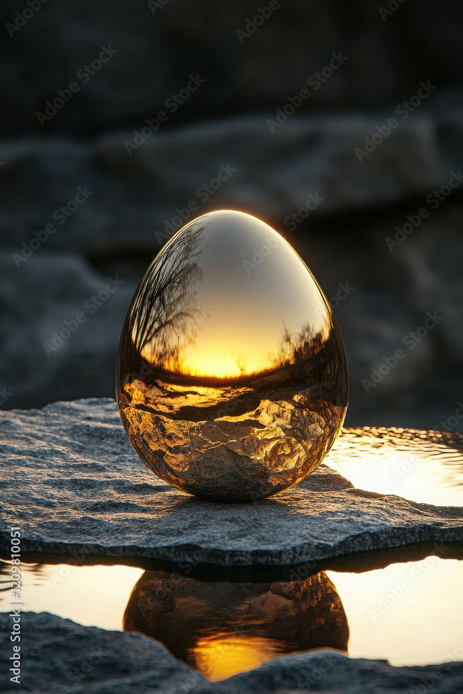 Poster glowing golden egg resting on smooth stone surface with reflections and natural background