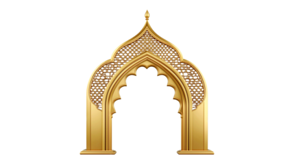 3D render of a golden ornate Islamic arch, mosque window, intricate patterns, Arabic architecture on transparent background