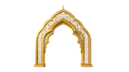 3D render of a golden ornate Islamic arch, mosque window, intricate patterns, Arabic architecture on transparent background