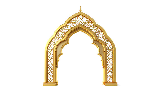 3D render of a golden ornate Islamic arch, mosque window, intricate patterns, Arabic architecture on transparent background
