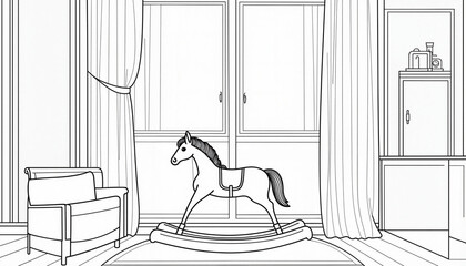 Minimalist Line Drawing of Rocking Horse in Serene Child's Room