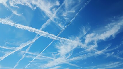A blue sky with white clouds and contrails from planes.