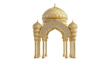 3D render of a golden ornate Islamic arch, mosque window, intricate patterns, Arabic architecture on transparent background