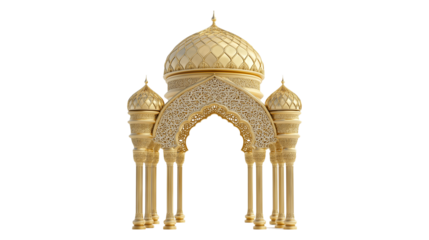 3D render of a golden ornate Islamic arch, mosque window, intricate patterns, Arabic architecture on transparent background