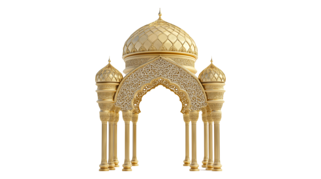3D render of a golden ornate Islamic arch, mosque window, intricate patterns, Arabic architecture on transparent background