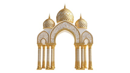 3D render of a golden ornate Islamic arch, mosque window, intricate patterns, Arabic architecture on transparent background