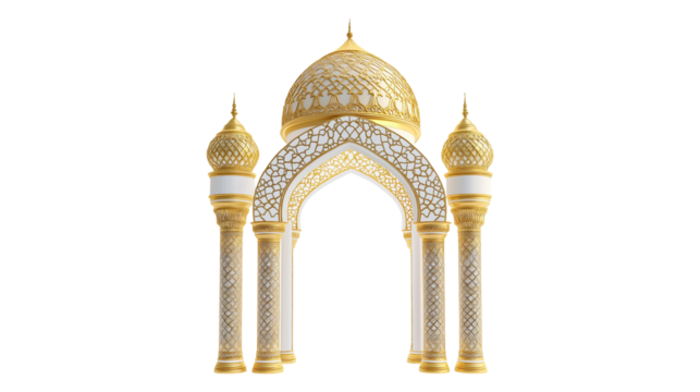 3D render of a golden ornate Islamic arch, mosque window, intricate patterns, Arabic architecture on transparent background